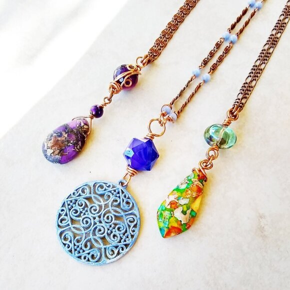 Vibrant Autumnn Colors! Green Sea Sediment Jasper Teardrop Copper Necklace - Picture 10 of 11